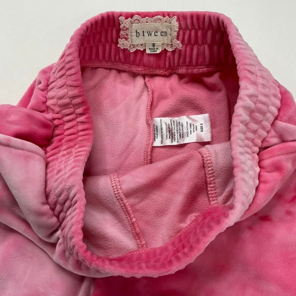 btween Pink Tie-Dye Velour Tracksuit Kids Size 8 Ruffle Shoulder Jogger Set